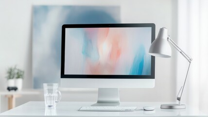 Fototapeta premium Stylish workspace with modern computer and desk lamp setup.