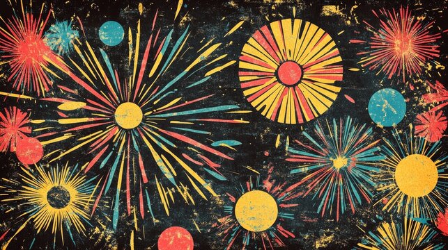 Retro coloring page featuring abstract shapes of fireworks with a vibrant atmosphere on a dark backdrop