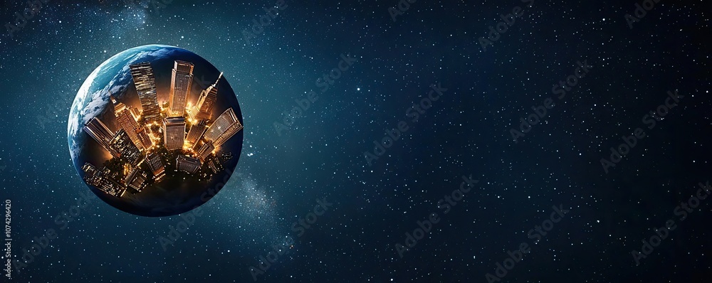 Poster earth floating in space with glowing city lights and stars in the background