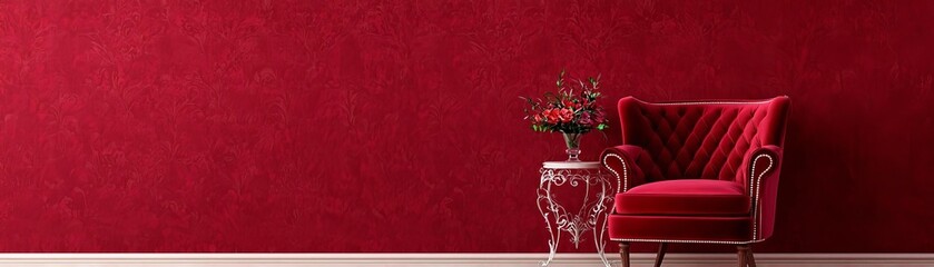 Deep burgundy velvet wallpaper with a subtle shimmer effect in a room with ornate crown molding, creating a regal, refined look under soft, professional lighting