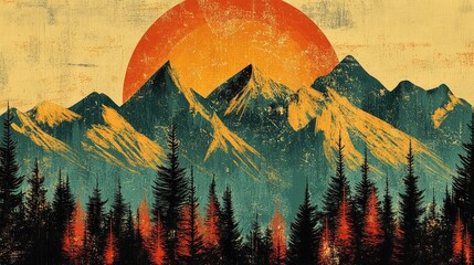 Retro illustration of mountain views with autumn trees and landscapes during seasonal change