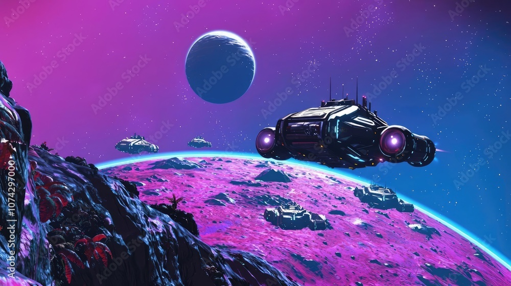 Poster Futuristic spaceship exploring a vibrant alien planet with colorful atmosphere.