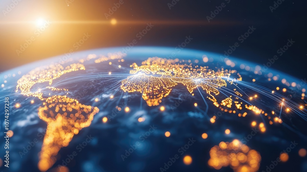 Poster global network concept with illuminated earth, connecting cities and data.