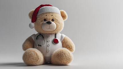 Teddy bear in a doctor's coat and Santa hat, symbolizing healthcare and holiday spirit. A cute and festive plush toy on a gray background.