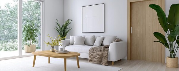 Modern living room featuring a cozy sofa, wooden table, and greenery, creating a serene atmosphere perfect for relaxation and leisure.