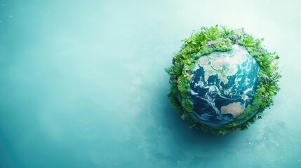 Fototapeta premium Earth surrounded by lush greenery on a serene blue background.