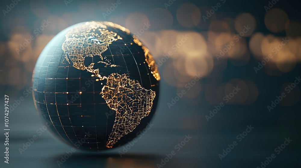 Poster stylized globe illuminated with golden lights on a dark background.