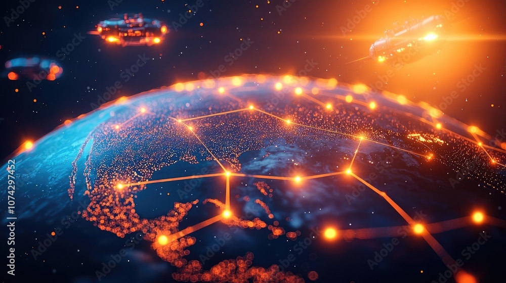 Poster Digital representation of a networked globe with glowing connections and spacecraft.