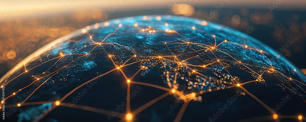 Poster Aerial view of a connected globe with glowing network lines and nodes.