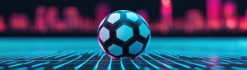 Fototapeta premium Vibrant soccer ball on a colorful digital field backdrop.