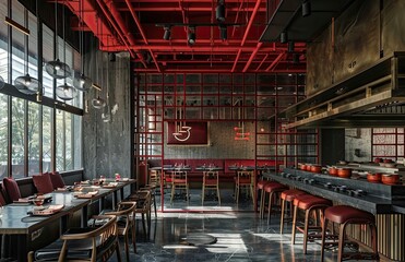 Fototapeta premium Modern restaurant interior with red accents.
