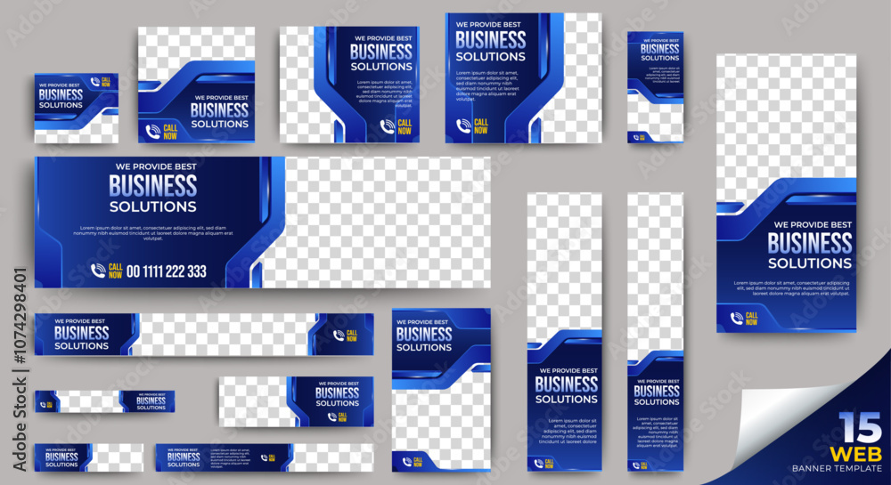 Aufkleber web banner template design set layout with photo and text space. gradient blue. business advertising