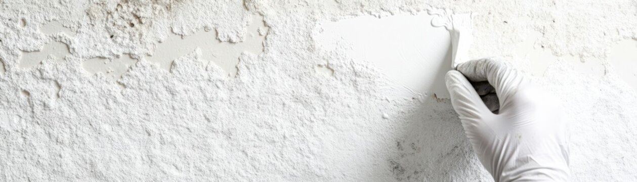 Worker applying fresh plaster to a textured wall.