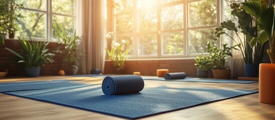Fototapeta premium Blue yoga mat on wooden floor in a sunlit room with plants and window.