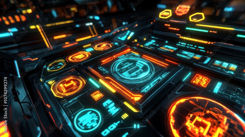 Poster a futuristic control panel with glowing interfaces and digital displays.