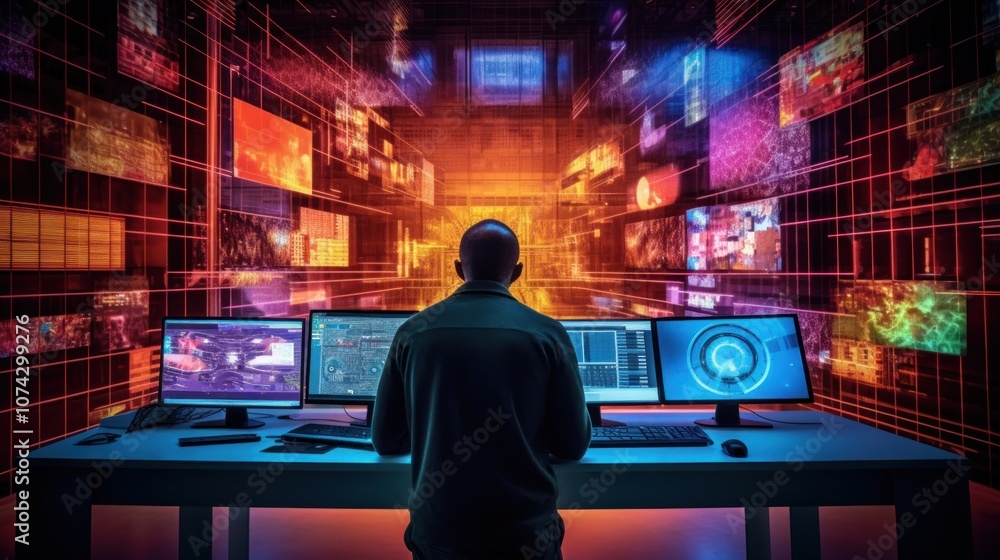 Poster man in front of multiple screens