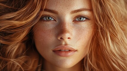 Naklejka premium Close-up of a woman's face framed by shiny, long hair, perfect skin, and soft light, beauty-focused shot