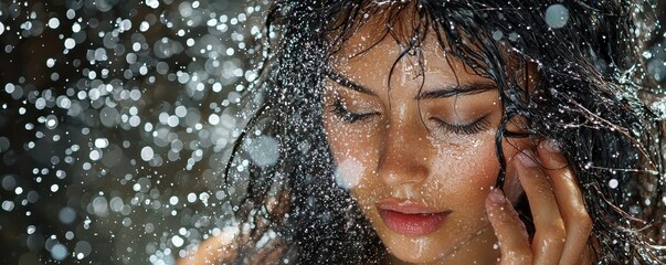 Obraz premium A serene close-up of a woman in rain, with droplets glistening around her as she gently touches her face, conveying a sense of calm and introspection.
