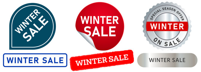 Winter sale seasonal promotion advertisement commerce season promotional badge colorful badge market shop special ads banner sticker emblem design icon set collection