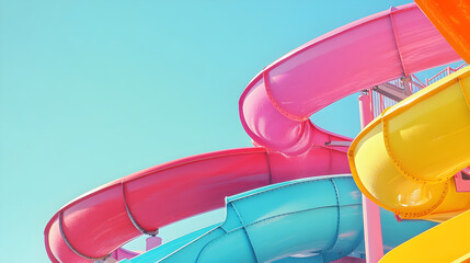 Colorful water park slides against bright blue sky, inviting fun