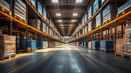 Obraz premium Spacious warehouse interior with organized pallet storage.