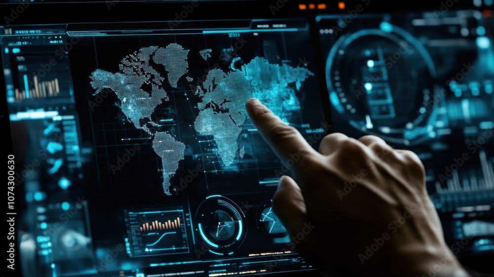 Poster a hand interacts with a digital world map on a futuristic screen displaying data.