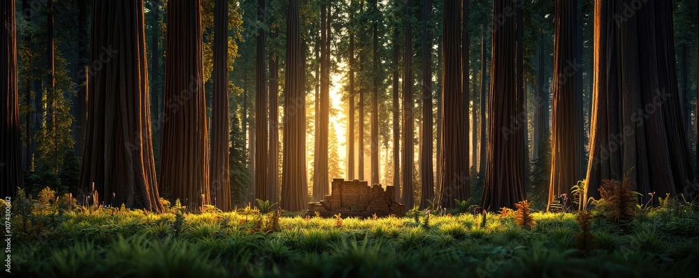 Poster Sunlight piercing through tall trees in a serene forest setting.