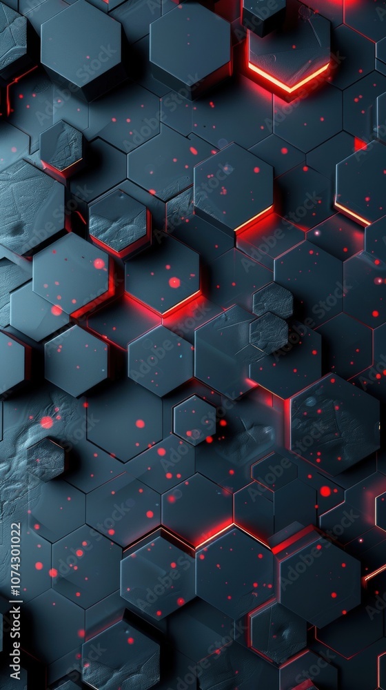 Poster abstract hexagon pattern with red neon lights and glowing particles