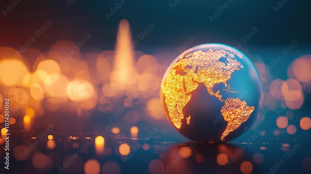 Poster glowing globe with bokeh lights, symbolizing global connectivity and sustainability.