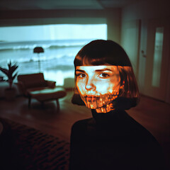 Woman with ocean projected onto her face