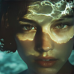 Woman with ocean projected onto her face