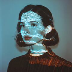 Woman with ocean projected onto her face