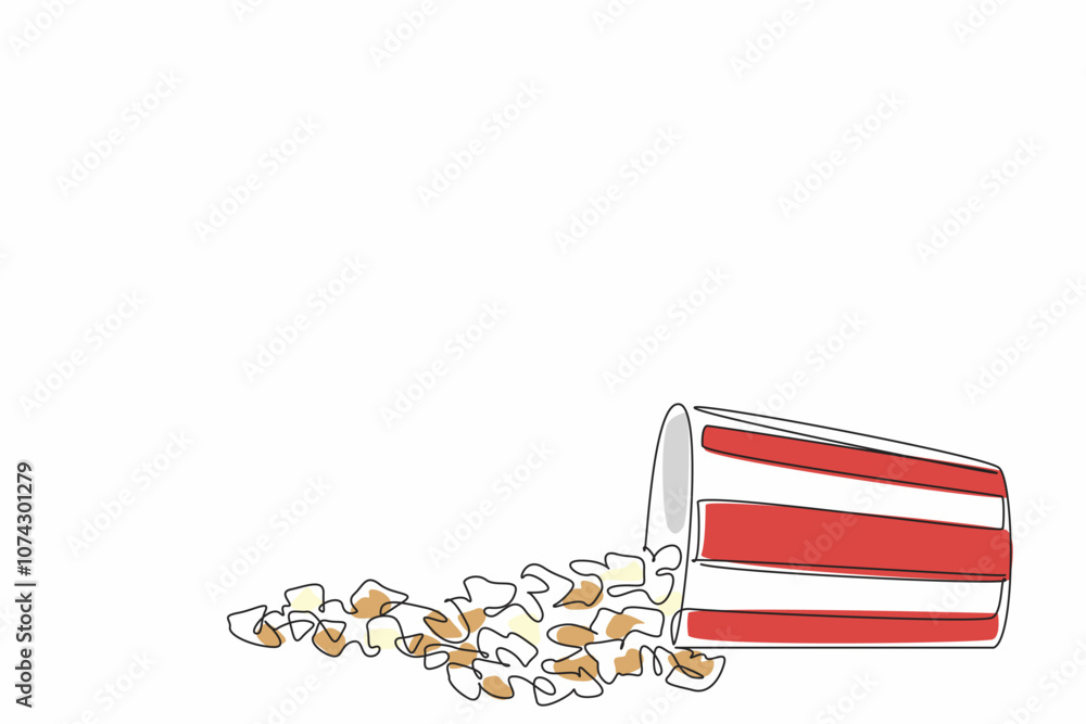 Aufkleber single continuous line drawing of scattered honey popcorn fall from the stripped paper bucket into t