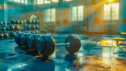 Obraz premium Gym with dumbbells on a wet floor, bathed in warm, glowing sunlight creating a focused atmosphere