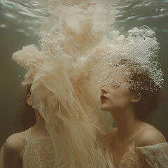 Two friends under water bubbles