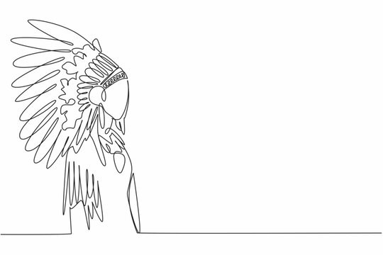 National Hat Day. One continuous line drawing of young beauty native Indian girl wearing traditional Apache tribe feather hat. Characteristic Indian tribe costume fashion. Vector illustration