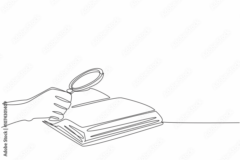 Poster national thesaurus day. single continuous line drawing person hand holding magnifier glass and searc