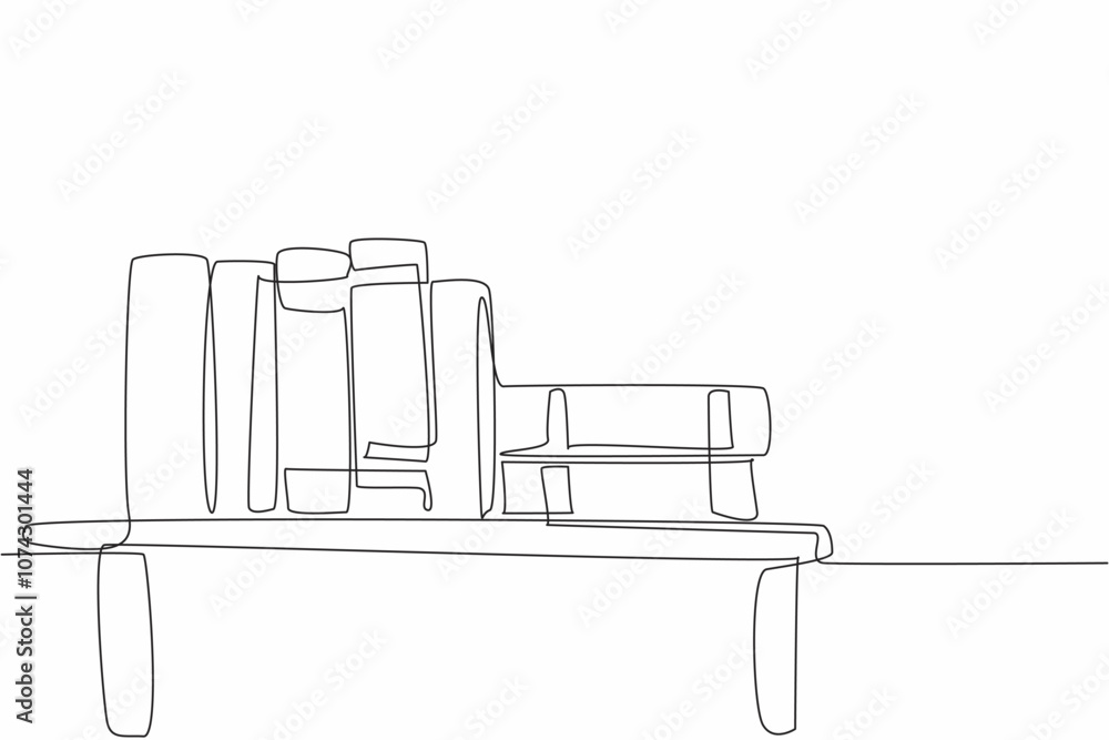 Poster single one line drawing of lined up and stacked thick text book above bookshelf. book is a window to