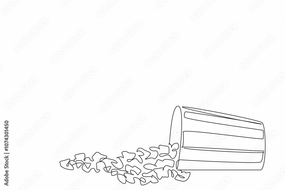 Poster single continuous line drawing of scattered honey popcorn fall from the stripped paper bucket into t