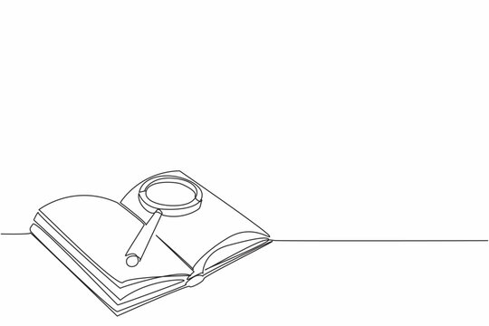 recommend clip art: Happy National Thesaurus Day. One continuous line drawing of opened book full of important information with magnifying glass laying above it. College lesson textbook concept. Single line draw design