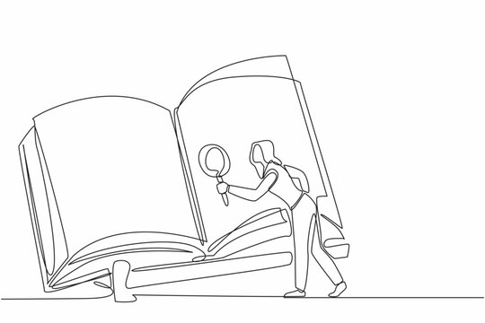 recommend clip art: Single continuous line drawing of young curious beauty woman searching important information from big size book with magnifying glass. One line draw vector graphic art. Happy National Thesaurus Day