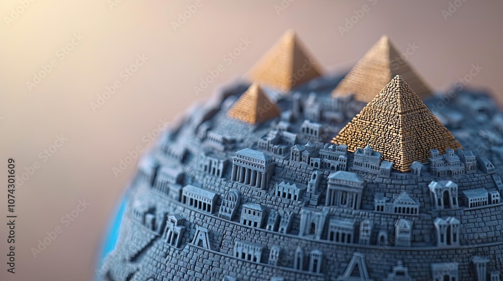 Poster detailed miniature model of pyramids against a soft blurred background.