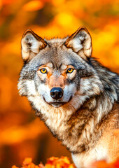 Fototapeta premium Majestic Wolf Portrait Amidst Vibrant Autumn Foliage with Striking Yellow Eyes Capturing the Essence of Wilderness and Nature's Breathtaking Beauty