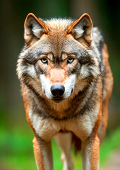 Majestic Close-up of a Wolf Staring Intently at the Camera in a Forest Setting with Lush Green Background and Detailed Fur Texture