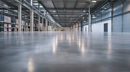 A spacious industrial warehouse with polished concrete flooring and high ceilings.