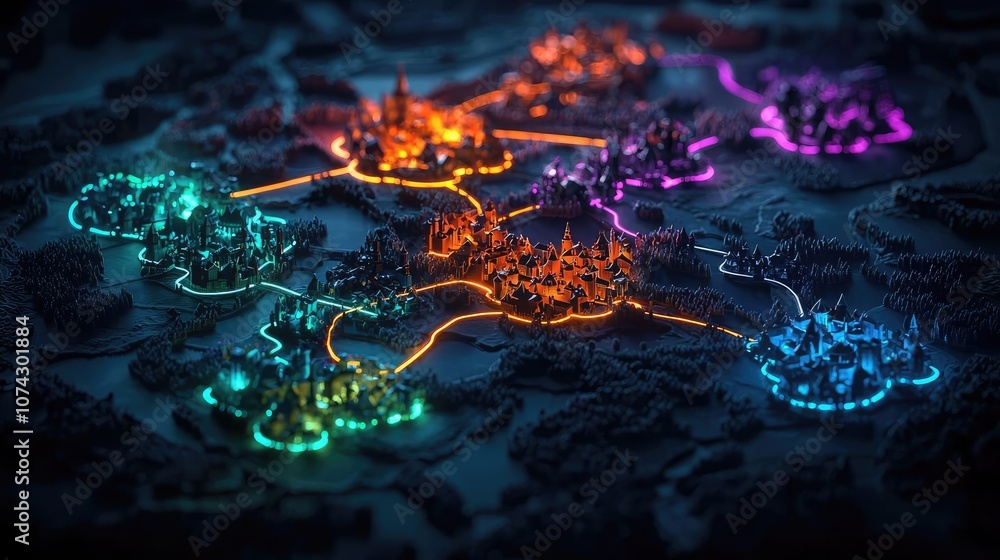 Poster colorful digital map with interconnected cities and glowing pathways against a dark background.