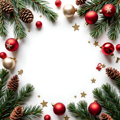 "Festive Christmas Border with Pine Branches, Baubles, and Pinecones for Holiday Decor"