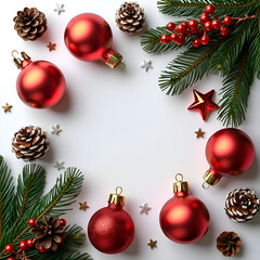 "Festive Christmas Border with Pine Branches, Baubles, and Pinecones for Holiday Decor"
