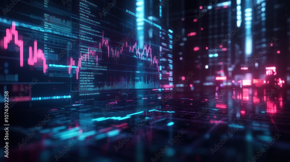Aufkleber a futuristic digital landscape with data visualizations and glowing elements.