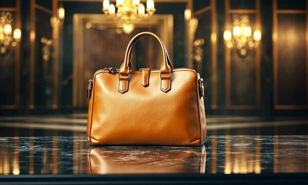 A sleek, brown leather handbag displayed elegantly on a reflective surface.